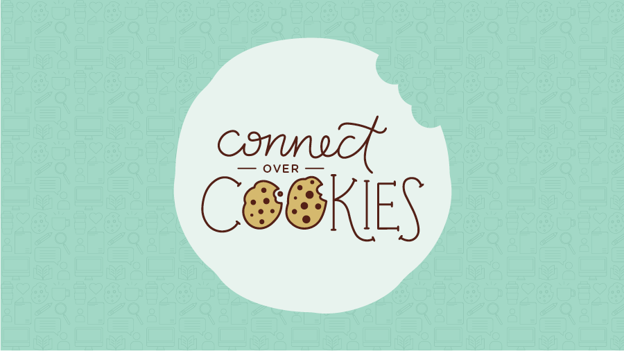 illustration of a cookie with brown text and a teal background