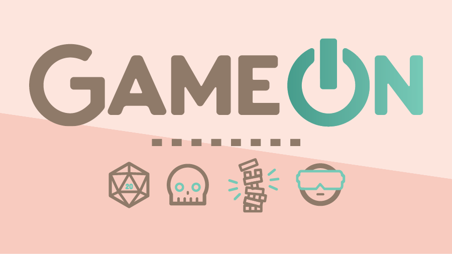 four gaming icons on a peach background with brown and aqua text