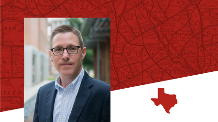 Red map of Texas background with headshot of a smiling man wearing glasses