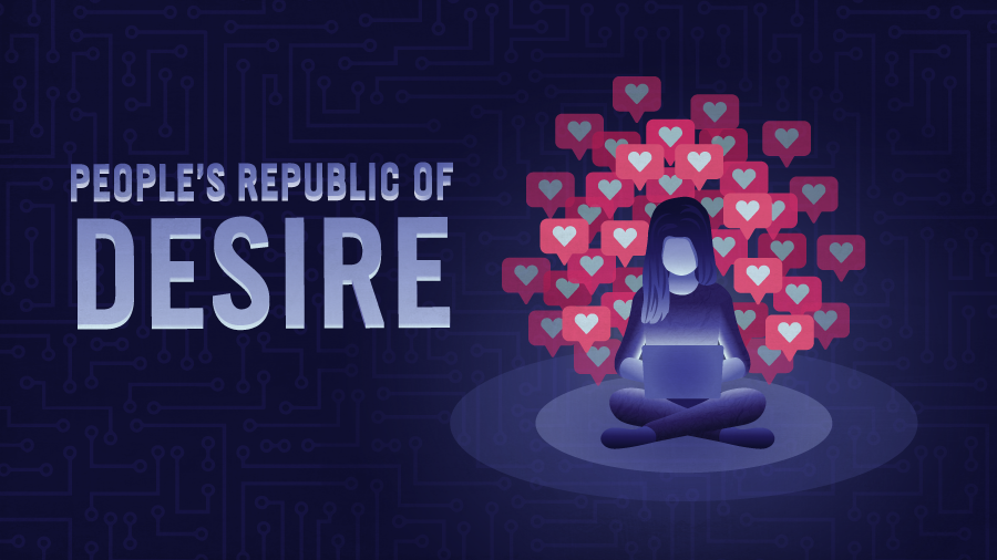 graphic of a person sitting with a laptop surrounded by hearts with a blue textured background
