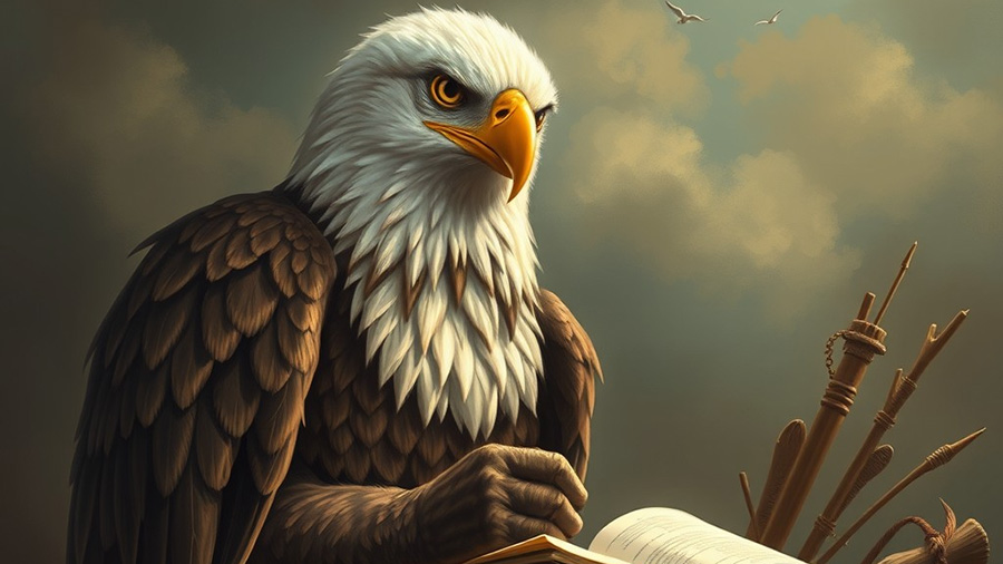 photograph of an eagle reading a book