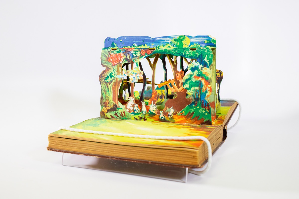 pop up book open to a page with a faun