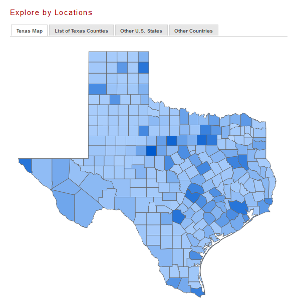 "Explore by Locations" heat map from The Portal to Texas History