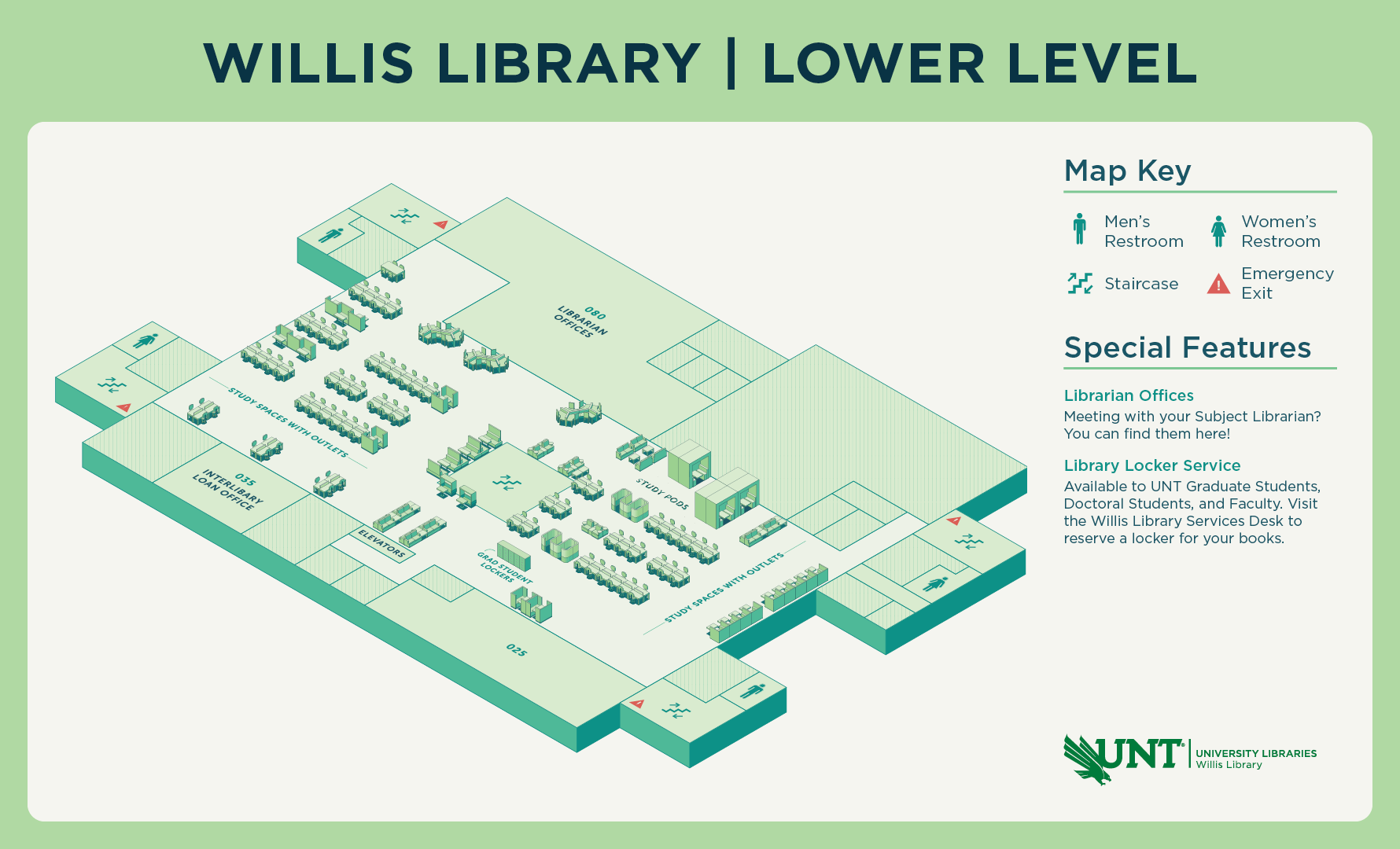 Lower Level (Basement) Floor Map of Willis Library