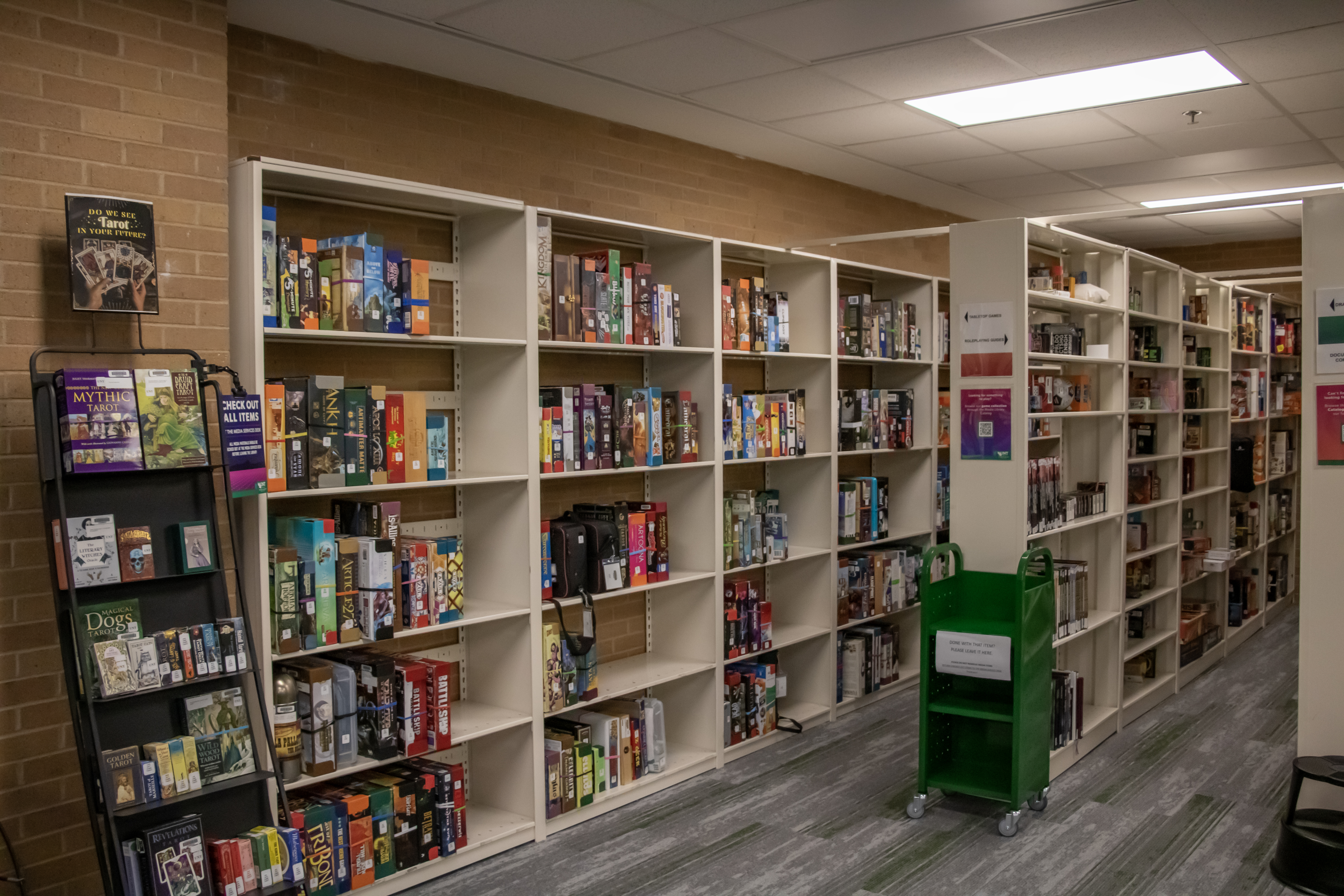 Image of the Media Commons shelves with tabletop games