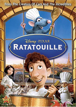 Chef with curly hair looking up at a rat with a spoon.