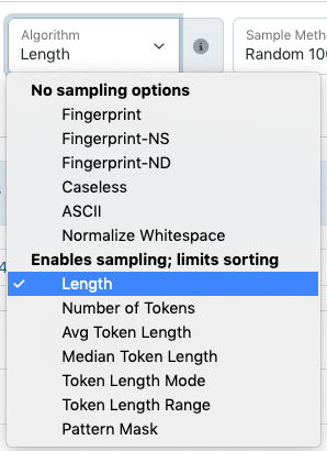 Screenshot of a the menu of algorithm and sorting options.