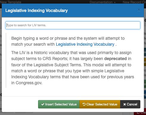 Screenshot of the LIV subject modal