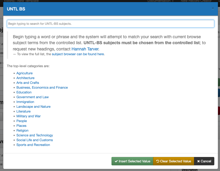 Screenshot of the UNTL-BS subject modal