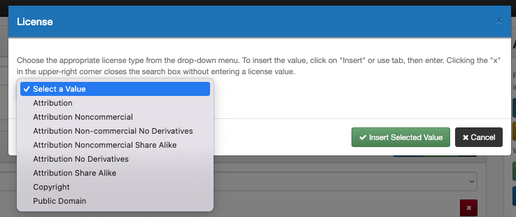 Screenshot of the rights license modal